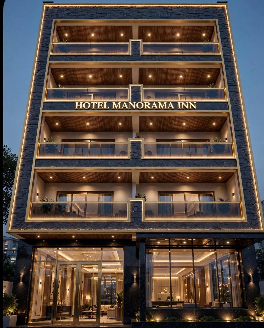Architectural rendering of the completed Hotel Manorama Inn facade