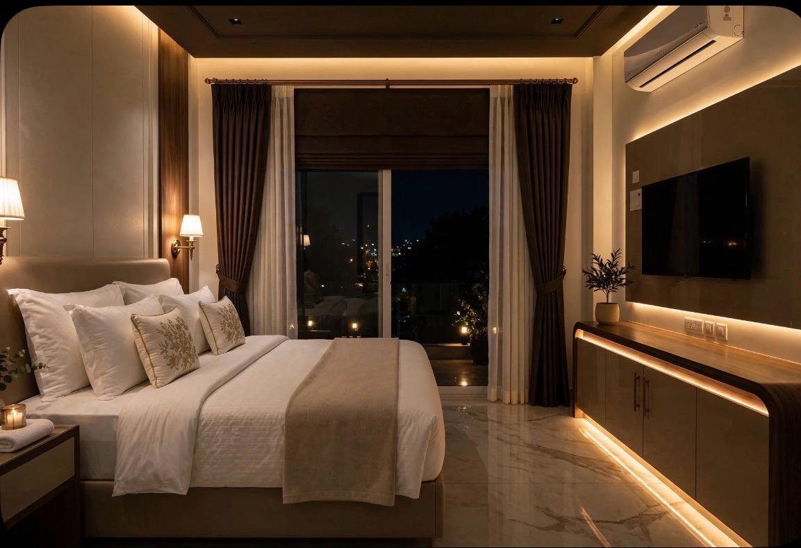 Guest room at night with warm cove lighting and a balcony over the city