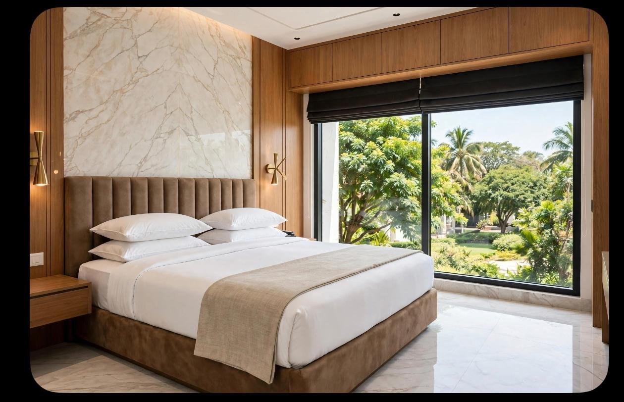 Super Deluxe room at Hotel Manorama Inn with a full-height window over the garden